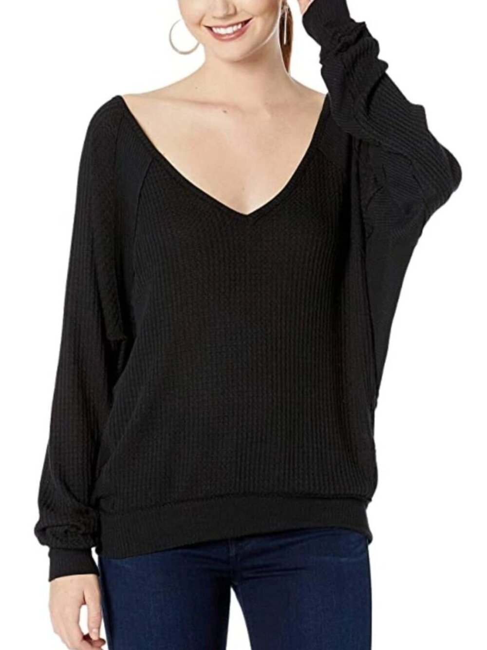 Free People Santa Clara thermal long sleeve top | Size large black oversized